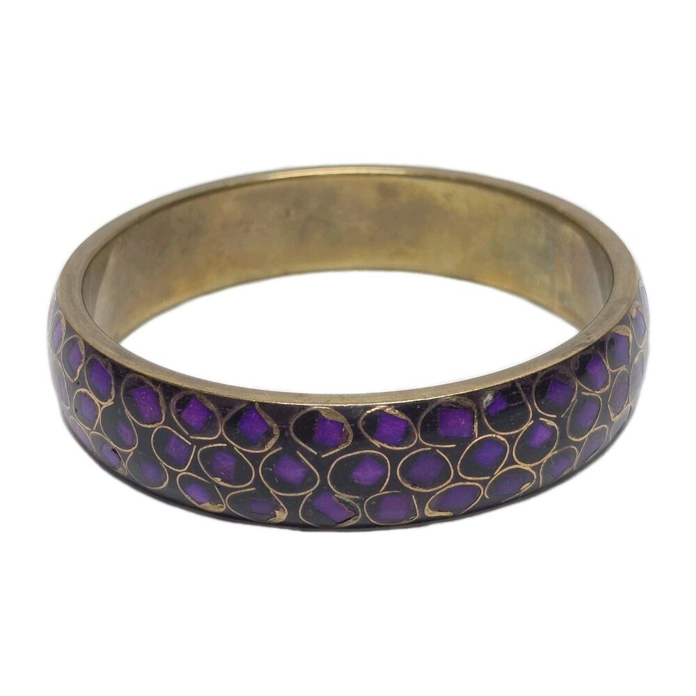 Vintage Cloisonné Bangle Brass Bracelet Purple Geometric Inlay 70s 80s Boho Chic